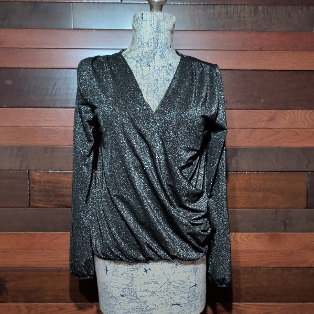 A New Day Elegant Black Glitter Faux Wrap Top